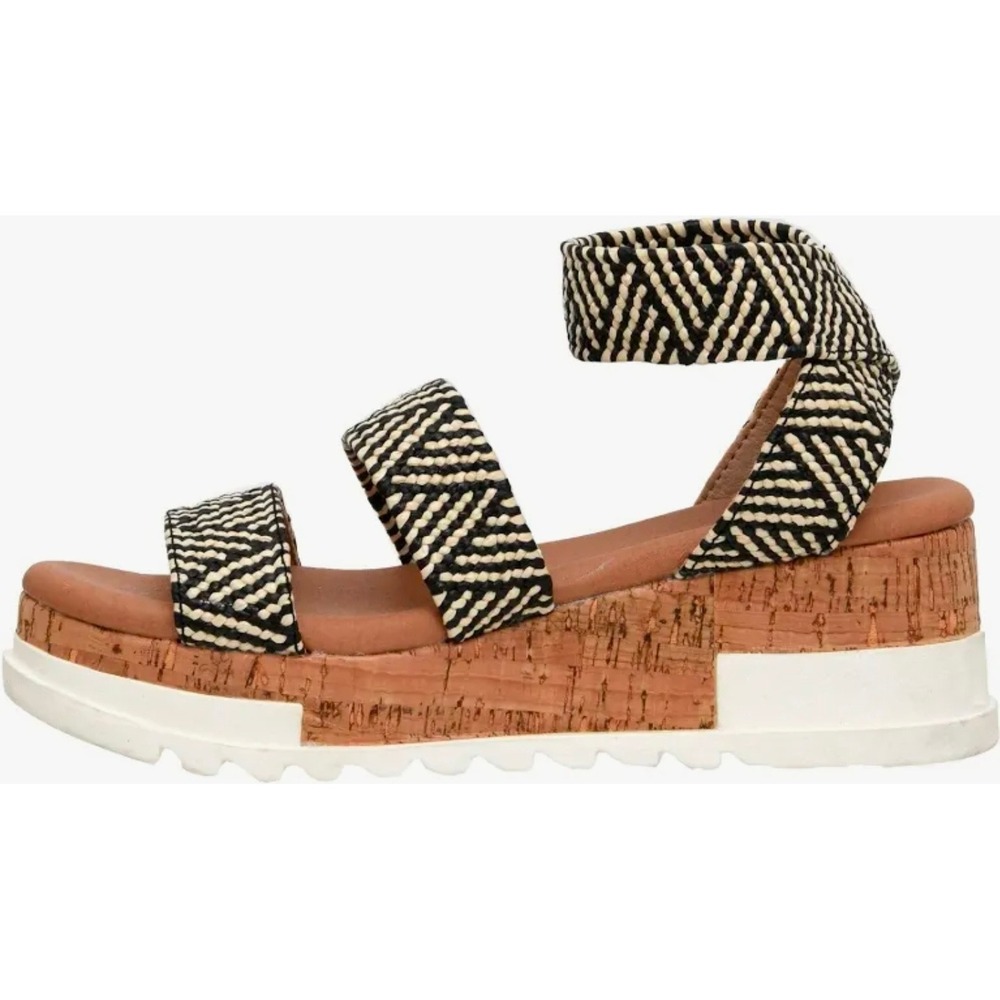 Cushionaire Naomi Platform Sandal Woven Raffia Cork Wedge Black Beige‎ 9.5M